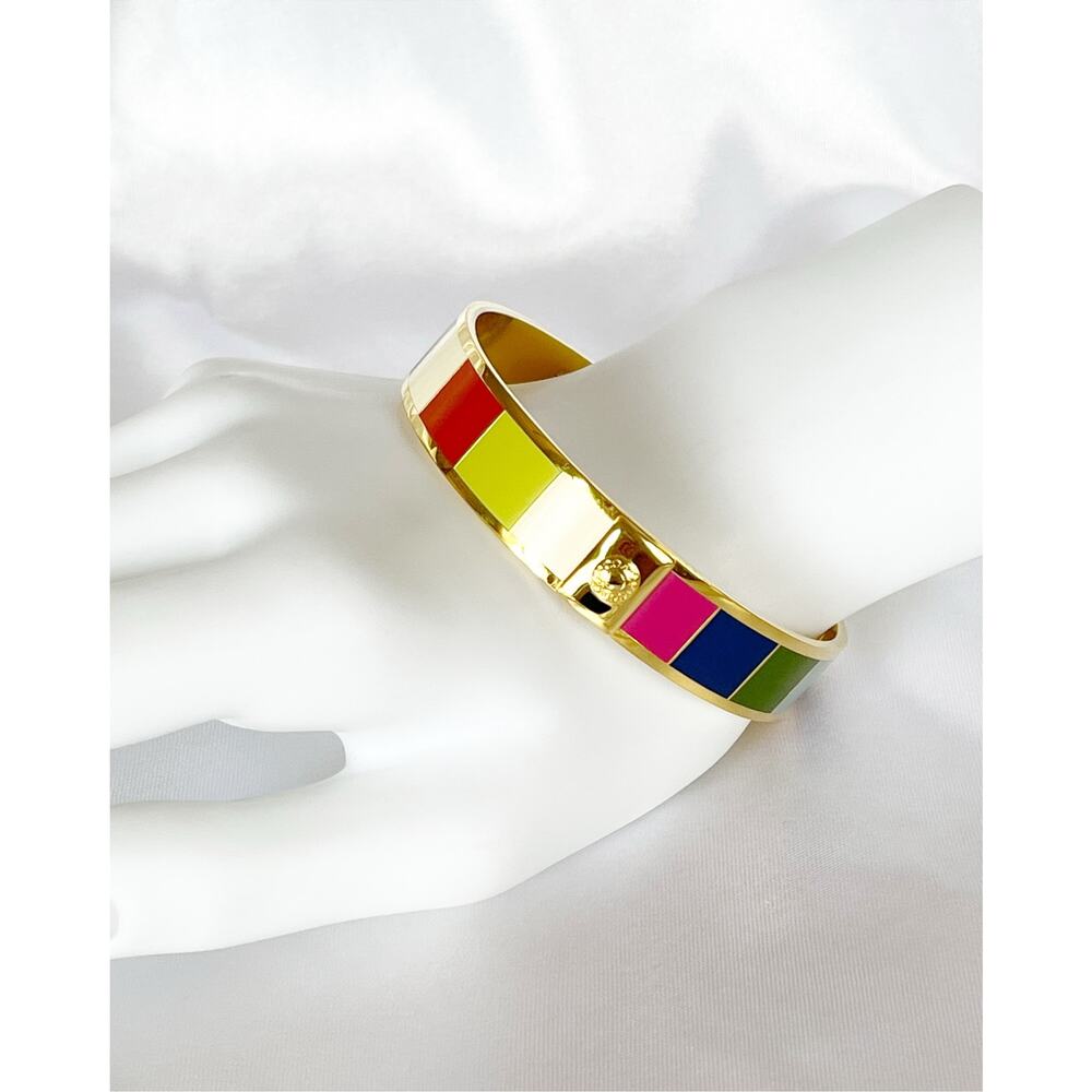 COACH Legacy Stripe Gold Tone Enamel Bangle Bracelet Vibrant Color Blocks Inlay